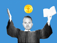 A photo illustration of Eli Regalado as a priest holding a bible with a crypto coin with the cross on it rotating above his head
