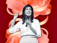 A photo illustration of Nikki Haley with calculator receipts in the background.