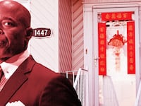An illustration including a photo of NYC Mayor Eric Adams and staffer Winnie Greco’s house during an FBI raid