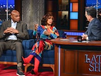 The Late Show with Stephen Colbert and guests Gayle King & Charles Barkley during Tuesday's January 9, 2024 show.