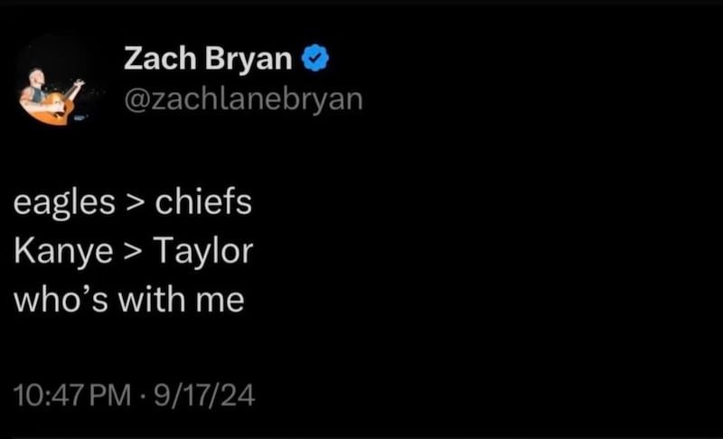 A tweet showing Zach Bryan rating Kanye West over Taylor Swift.