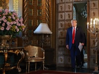 Donald Trump arrives for a press conference with Speaker of the House Mike Johnson (R-LA) at Mr. Trump's Mar-a-Lago estate on April 12, 2024, in Palm Beach, Florida.