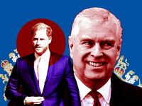 A photo illustration of Prince Harry and Prince Andrew and parts of the UK Coat of Arms.
