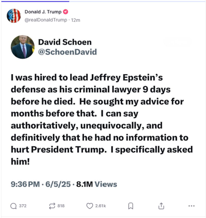 Donald Trump shares the view of attorney David Schoen on Jeffrey Epstein