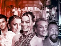 An illustration including photos of the SNL main stage, Sydney Sweeney, Sharon Stone, Margot Robbie, Jacob Elordi, Jason Momoa