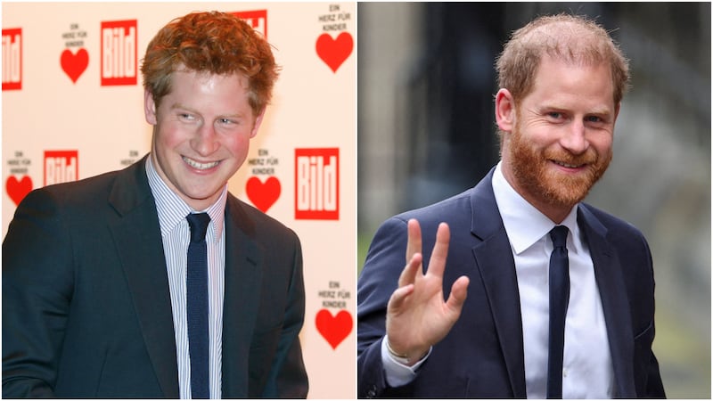 Prince Harry appears to be smiling in a 2010 photo, where he has noticeably more hair than in a 2026 photo.