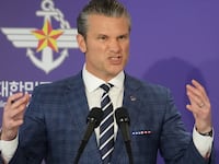 Pete Hegseth speaks during a joint press conference with South Korean Defense Minister Ahn Gyu-Back following the 57th Security Consultative Meeting (SCM) at the Defense Ministry in Seoul on November 4, 2025.