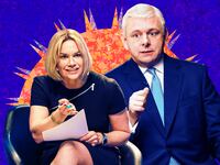 A photo illustration of Ruth Wilson and Michael Sheen on A Very Royal Scandal