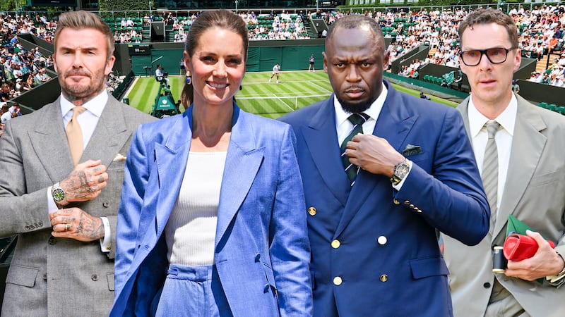 A photo collage of David Beckham, Kate Middleton, Usain Bolt, and Benedict Cumberbatch at Wimbledon.