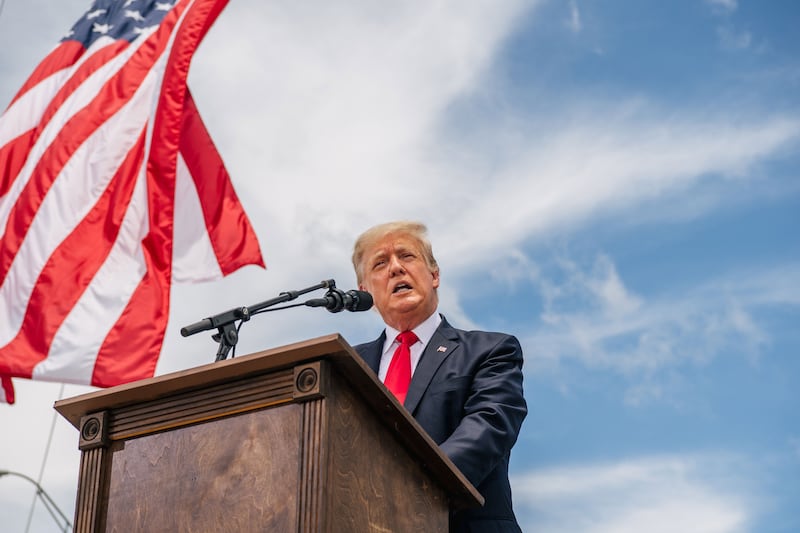 Former President Donald Trump speaks during a tour to an unfinished section of the border wall on June 30, 2021 in Pharr, Texas.