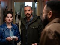 A photo still featuring Selena Gomez and Jesse Williams from 'Only Murders in the Building'