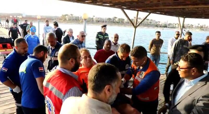 Rescuers work near the site where a boat sank in the Red Sea, in Marsa Alam, the Red Sea Province, Egypt, on Nov. 25, 2024.