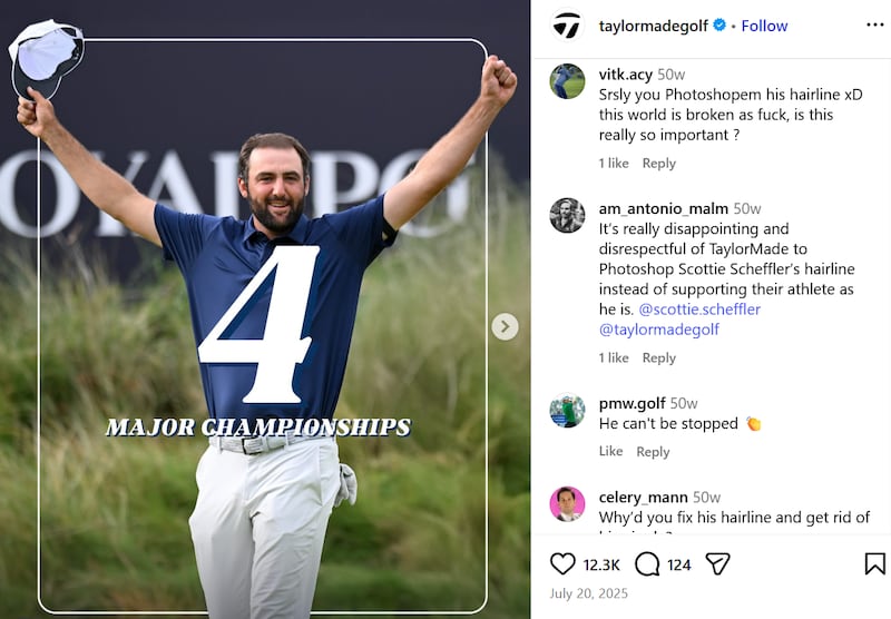 TaylorMade posted left fans speculating whether the company enhanced Scheffler's hairline.
