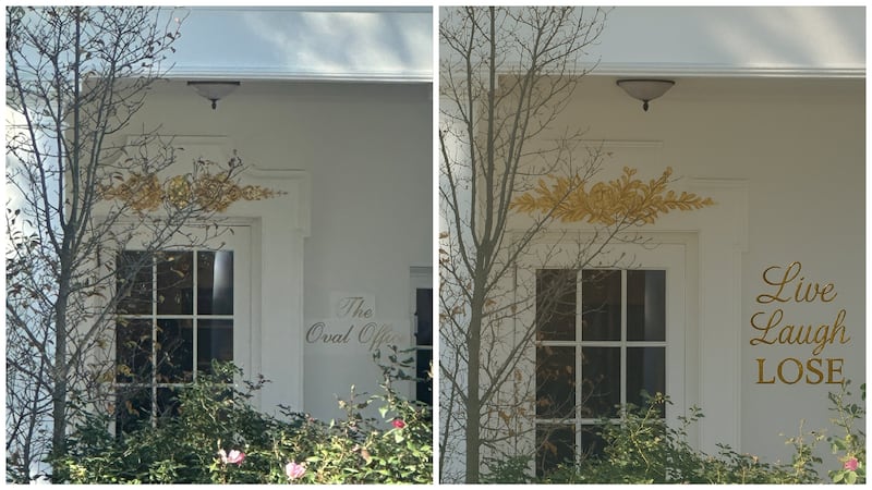 The President's Oval Office sign and Gavin Newsom's meme.