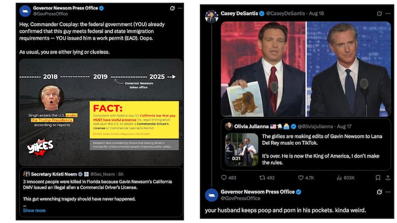 Collage of Gavin Newsom X posts.