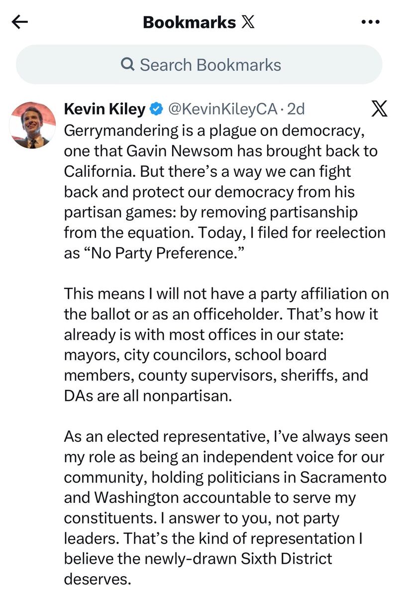Rep. Kiley announced that he would be running for reelection without affiliation to either political party.