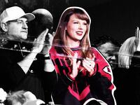 A photo illustration showing Taylor Swift wearing a vintage Kansas City Chiefs jacket while watching a Chief's game.
