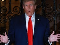 Donald Trump speaks to the press at Mar-a-Lago on February 16, 2024, in West Palm Beach, Florida.
