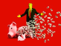A photo illustration of former President Donald Trump and a broken piggy bank with money flying out.