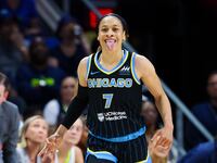 Chicago Sky guard Chennedy Carter (7) reacts during the first quarter against the Dallas Wings at College Park Center.