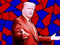 A photo illustration of former President Donald Trump on a red and blue background.