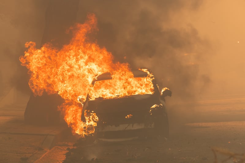 A car erupts in flames in Los Angeles County