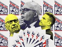 Photo illustration of Rupert Murdoch, Lachlan Murdoch, and Michael Wolff collaged with images of Wolff’s new book, “The Fall, The End of Fox News”
