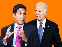 A photo collage of Dr. Sanjay Gupta and President Joe Biden.