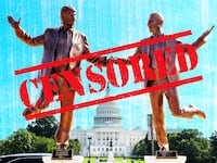 A photo illustration of a statue depicting President Donald Trump and Jeffrey Epstein holding hands is seen near the U.S. Capitol in Washington, DC with a red Censored stamp.
