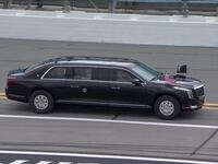 A presidential limousine rides on the track of the Daytona 500 in Daytona Beach, Florida on February 16, 2025.