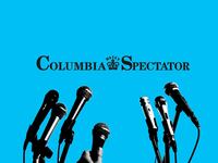 A photo illustration of the Columbia Spectator logo in front of microphones