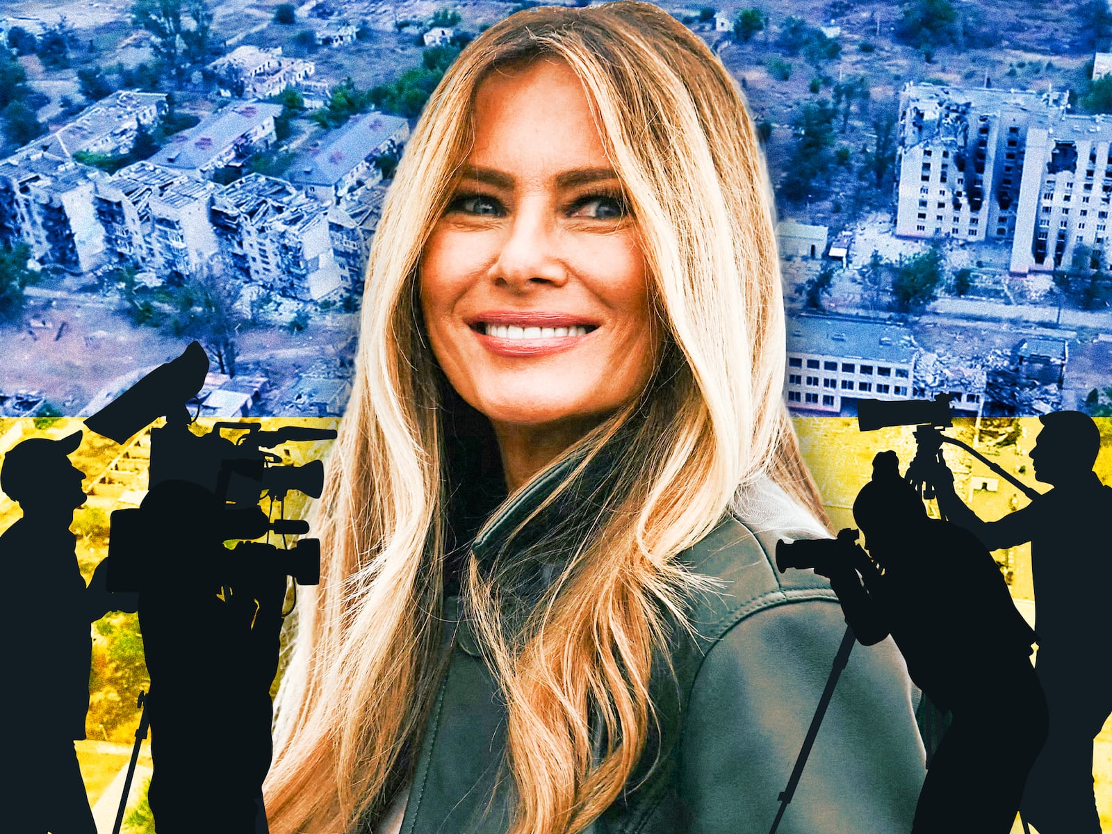 A photo illustration of Melania Trump and destroyed buildings in Oleshky, Kherson Region, Russian-controlled Ukraine.