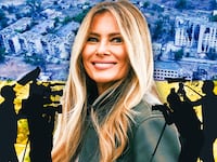A photo illustration of Melania Trump and destroyed buildings in Oleshky, Kherson Region, Russian-controlled Ukraine.