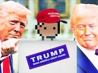 A photo illustration of Johnny Maga X avatar behind a computer and Donald Trump inside the oval office.