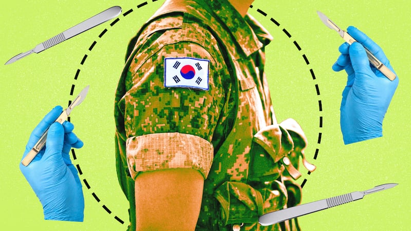 A photo illustration illo for The Looker of a South Korean soldier and scalpels.
