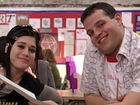 Lizzy Caplan as Janice Ian and Daniel Franzese as Damien Leigh in “Mean Girls.”
