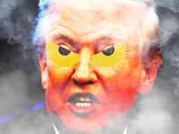 Donald Trump with angry yellow eyes and fog around him