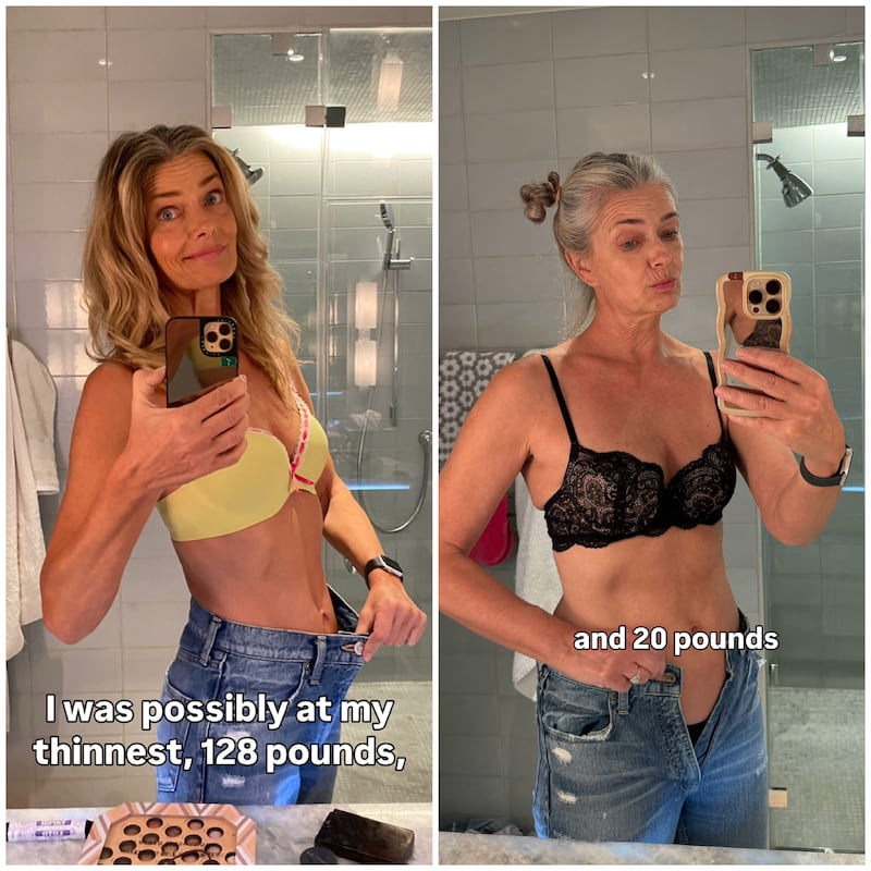 Paulina Porizkova is pictured in side-by-side photos from her Instagram post wearing the same jeans, 20 pounds heavier.