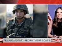 An image showing an AI-generated image of a female soldier alongside a guest from the Pentagon on One America News.