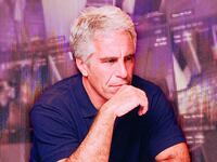 A photo illustration of Jeffrey Epstein and a distorted background of security camera feeds.