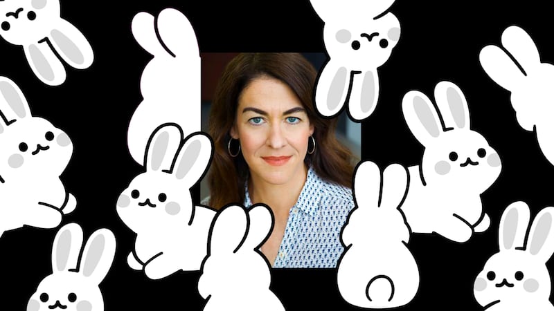 A photo illustration of Molly Roden Winter surrounded by rabbits