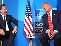 Donald Trump and NATO Secretary General Mark Rutte speak to media at the start of the second day of the 2025 NATO Summit on June 25, 2025 in The Hague, Netherlands.