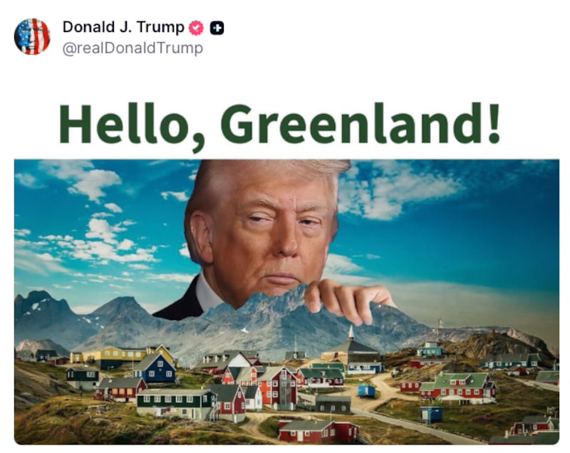 Trump looming over Greenland beneath the words “Hello, Greenland!”