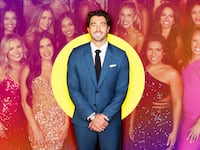 A photo illustration of Joey Graziadei and the Bachelor premiere.