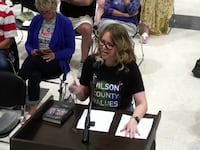 Lindsey Patrick-Wright speaks at the Wilson County Schools board meeting on Jul 10, 2023, in Tennessee.