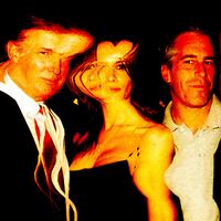 Distorted image of Donald Trump, Melania Trump, Jeffrey Epstein, and Ghislaine Maxwell