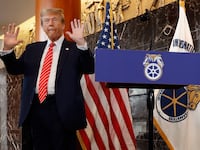 Donald Trump holds up his hands in Washington, DC.