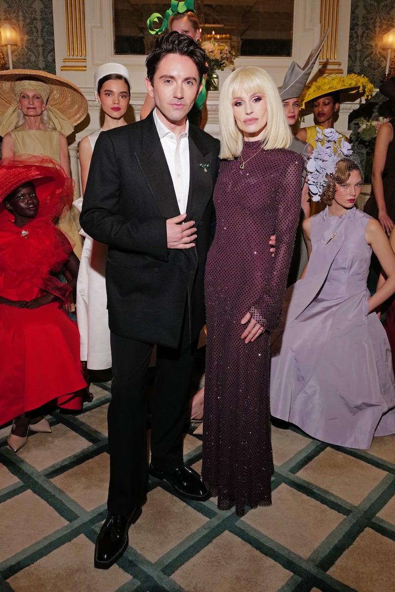 Fashion designer Daniel Fletcher and Kelly Osbourne at the Royal Ascot Millinery Collective SS26 during London Fashion Week.