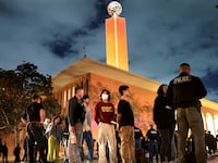 Protestors are detained by LAPD officers who were trying to clear the USC campus during a demonstration against the war in in Gaza Wednesday