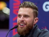 Harrison Butker #7 of the Kansas City Chiefs speaks to media during Super Bowl LVIII Opening Night at Allegiant Stadium ahead of Super Bowl LVIII on February 5, 2024 in Las Vegas, Nevada.